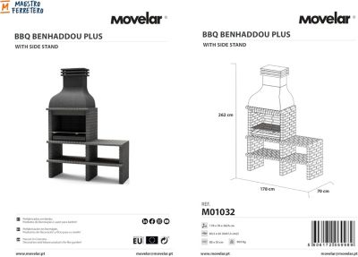 MOVELAR - Barbecue en Béton pour Bois/Charbon BENHADDOU PLUS avec Étagère et Grille (Gris Foncé - 178x70x262 cm)M01032 - Extérieur