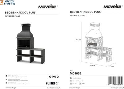 MOVELAR - Barbecue en Béton pour Bois/Charbon BENHADDOU PLUS avec Étagère et Grille (Gris Foncé - 178x70x262 cm)M01032 - Extérieur