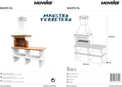 MOVELAR - Barbecue préfabriqué à bois et charbon de bois MaipuxL avec 1 support latéral (Gris,Orange - 165x58x245 cm) REF : 3535/2
