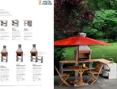 MOVELAR - Barbecue préfabriqué à bois et charbon de bois MaipuxL avec 1 support latéral (Gris,Orange - 165x58x245 cm) REF : 3535/2