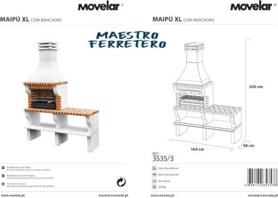 MOVELAR - Barbecue préfabriqué à bois et charbon de bois MaipuxL avec 1 support latéral (Gris, Orange- 165x58x245 cm) REF : 3535/3