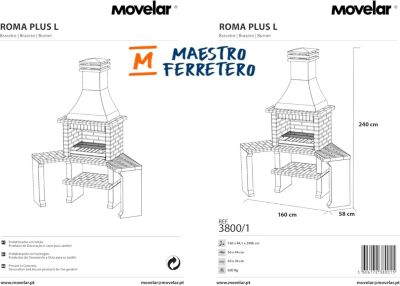 MOVELAR - Barbecue préfabriqué à bois et charbon de bois Roma 2 tables d'appoint d'angle (Gris, Orange-160x58x240 cm) REF : 3800/1