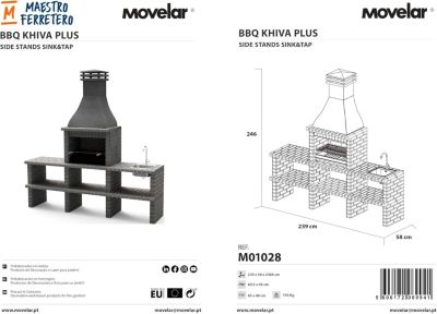 MOVELAR - Module pour Barbecue en Béton KHIVA PLUS avec 2 Étagères et Grille (Gris Foncé - 239x58x246 cm) M01028 - Extérieur