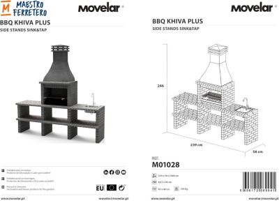 MOVELAR - Module pour Barbecue en Béton KHIVA PLUS avec 2 Étagères et Grille (Gris Foncé - 239x58x246 cm) M01028 - Extérieur