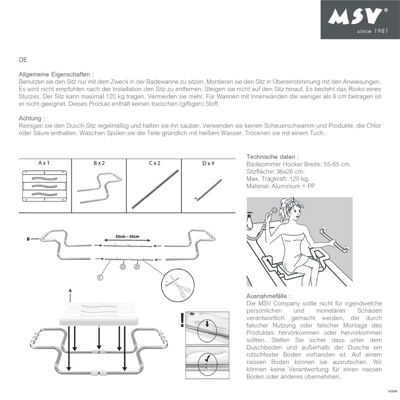 MSV Grand siège de baignoire extensible 5070cm Gris  Max 120kg