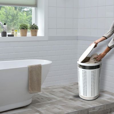 MSV Panier à  linge 46L avec couvercle coussin Inox Blanc