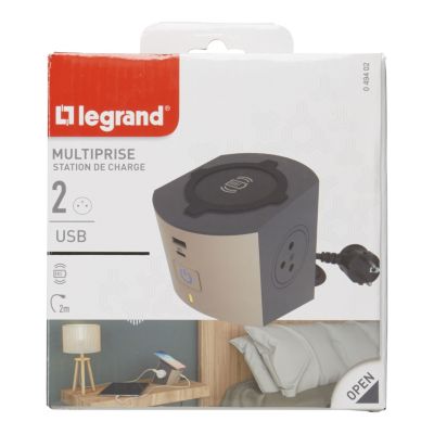 Multiprise 2 prises + 2 chargeurs induction Qi USB-A et C Legrand Taupe et gris 2 m
