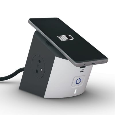 Multiprise 2 prises 2 pôles+terre + 2 chargeurs induction Qi USB-A et C Legrand blanc et gris 2 m