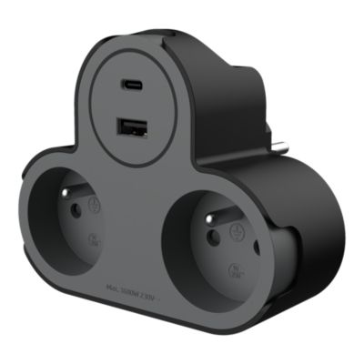Multiprise 2 prises 2 ports USB A+C 16A noir/gris Jacobsen
