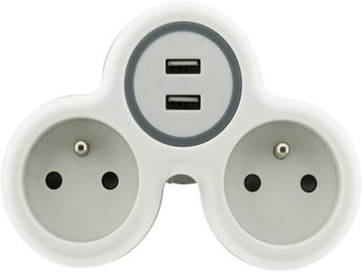 Multiprise 2 prises Diall 16A USB blanc/gris