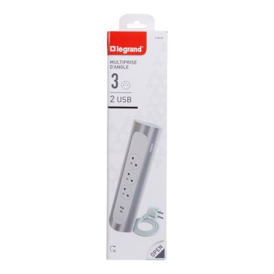 Multiprise 3 prises + 1 x USB-A + 1 x USB-C Legrand blanc et aluminium 1 m