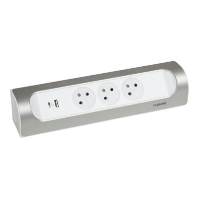 Multiprise 3 prises + 1 x USB-A + 1 x USB-C Legrand blanc et aluminium