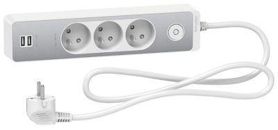 Multiprise 3 prises + 2 usb Schneider Electric Odace blanc finition aluminium brossé 1.5 m