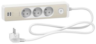 Multiprise 3 prises + 2 usb Schneider Electric Odace blanc finition bois 1.5 m