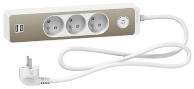 Multiprise 3 prises + 2 usb Schneider Electric Odace blanc finition bronze brossé 1.5 m