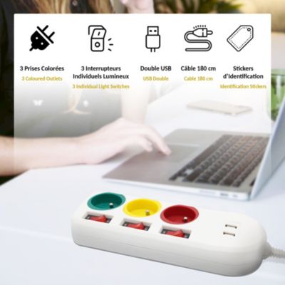 Multiprise FISHTEC Trio Color + 2 Ports USB 2A