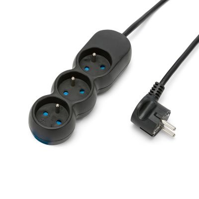 Multiprise française 3x16A, câble 1,5m, H05VV-F3G1.0MM2, CE, NF. Noir
