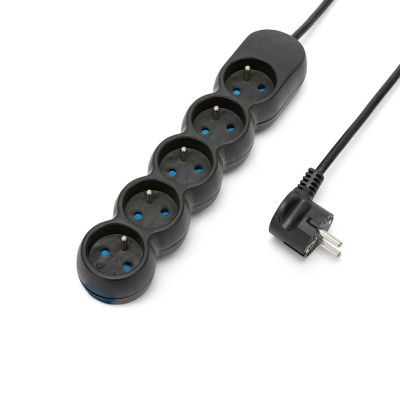 Multiprise française 5x16A, câble 1,5m, H05VV-F3G1.0MM2, CE, NF. Noir