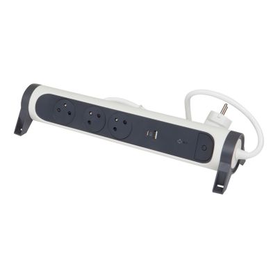 Multiprise parafoudre 3 prises + + 2 chargeurs USB-A et C Legrand blanc et gris 1.5 m