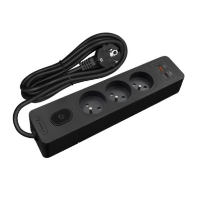 Multiprise SELDUR G3FH32S, 3 prises type E + interrupteur, USB A+C charge rapide 20W, Noir, câble 3m