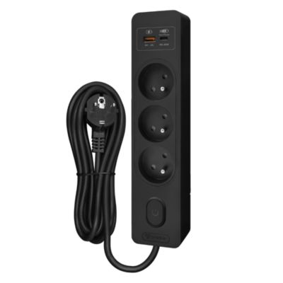Multiprise SELDUR G3FH32S, 3 prises type E + interrupteur, USB A+C charge rapide 20W, Noir, câble 3m