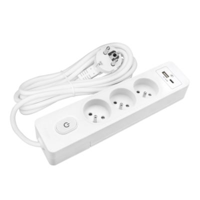 Multiprise SELDUR G3FU32B, 3 prises type E + interrupteur, USB A+C charge standard 12W, Blanc, câble 3m