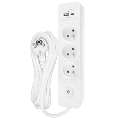 Multiprise SELDUR G3FU32B, 3 prises type E + interrupteur, USB A+C charge standard 12W, Blanc, câble 3m