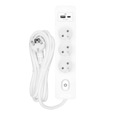 Multiprise SELDUR G3FU32B, 3 prises type E + interrupteur, USB A+C charge standard 12W, Blanc, câble 3m