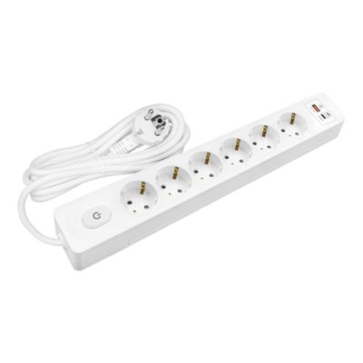Multiprise SELDUR G6TH52B, 6 prises type F + interrupteur, USB A+C charge rapide 20W, Blanc, câble 5m