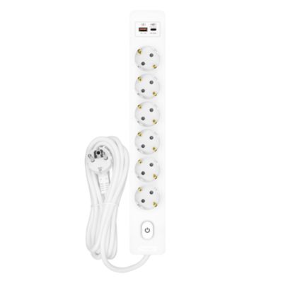 Multiprise SELDUR G6TH52B, 6 prises type F + interrupteur, USB A+C charge rapide 20W, Blanc, câble 5m