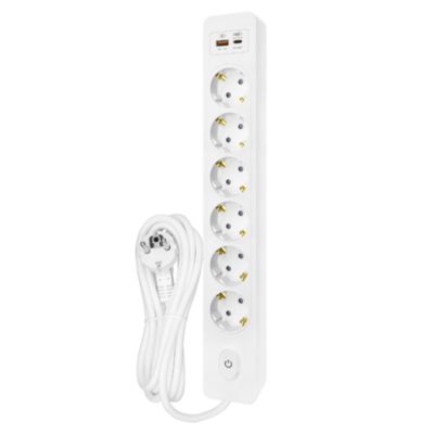 Multiprise SELDUR G6TH52B, 6 prises type F + interrupteur, USB A+C charge rapide 20W, Blanc, câble 5m