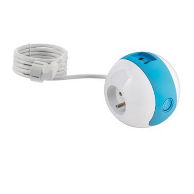 Multiprise Watt & Co Wattball 2x 16A + 1 x 6A + 2 x USB 2.1A blanc et bleu