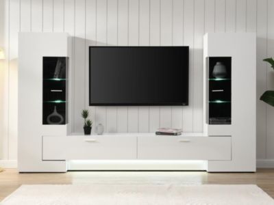 Mur TV avec rangements et LEDs en MDF et verre - Blanc et noir - BANTRY