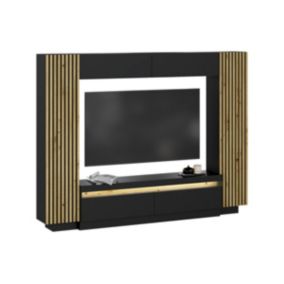 Mur TV avec rangements - LEDs - Noir et Naturel - LIONEA