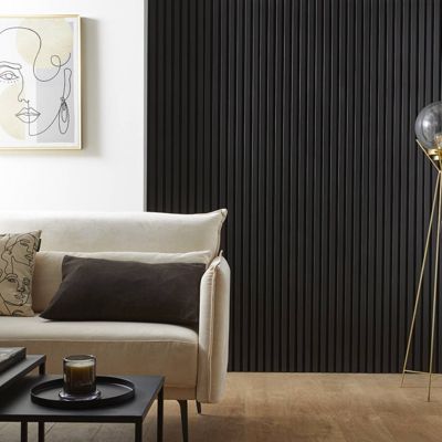 Mur TV - Lot de 7 Panneaux tasseaux bois 250 x 30 x 1,9 cm - Lamelles placage noir fond noir - 5,25m²