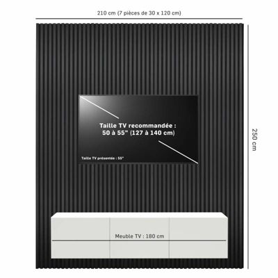 Mur TV - Lot de 7 Panneaux tasseaux bois 250 x 30 x 1,9 cm - Lamelles placage noir fond noir - 5,25m²