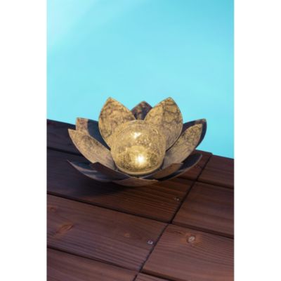 Nénuphar solaire en métal vieilli- diffuseur en verre avec effet verre brisée- Diamètre 22cm- 7 Lumens- Eclairage extérieur Jardin