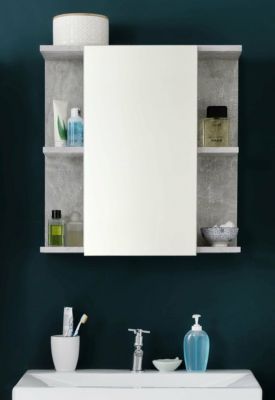 NANO - Meuble de salle de bain - Armoire de toilette avec miroir en mélaminé blanc brillant-gris. L-H-P:60-62-20cm
