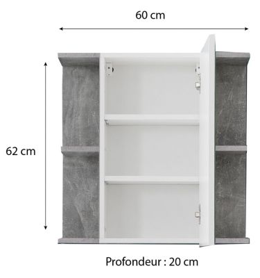 NANO - Meuble de salle de bain - Armoire de toilette avec miroir en mélaminé blanc brillant-gris. L-H-P:60-62-20cm