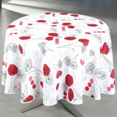 Nappe anti-tâche ronde motif coquelicots (160x160 cm - Blanc)