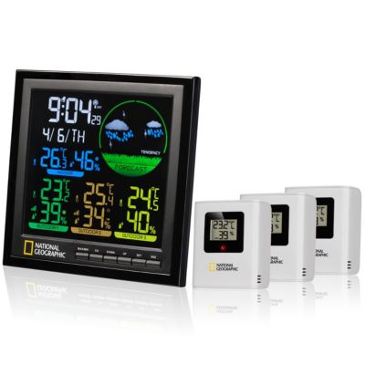 National Geographic Station Météo Radio Écran Couleur 4 Zones de Mesure noir avec 3 Capteurs Extérieurs Horloge Alarme