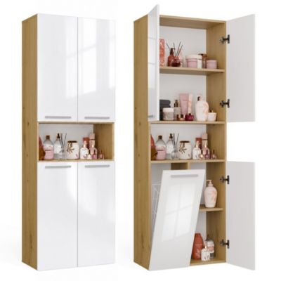 NEL 1K DK - Meuble de salle de bain - 5 étagères, panier à linge - 60x174x30 cm - Chêne Artisan / Blanc Brillant