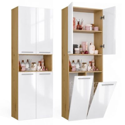 NEL 2K DK Meuble de salle de bain - 3 étagères, 2 paniers à linge - 60x174x30 cm - Chêne Artisan / Blanc Brillant