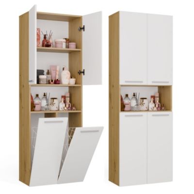NEL 2K DK Meuble de salle de bain - 3 étagères, 2 paniers à linge - 60x174x30 cm - Chêne Artisan / Blanc
