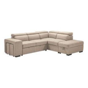 NERA - Canapé d'Angle Droit Convertible avec 2 Poufs et 1 Coffre Beige