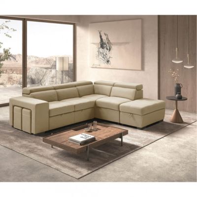 NERA - Canapé d'Angle Droit Convertible avec 2 Poufs et 1 Coffre Beige