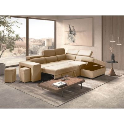 NERA - Canapé d'Angle Droit Convertible avec 2 Poufs et 1 Coffre Beige