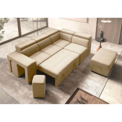 NERA - Canapé d'Angle Droit Convertible avec 2 Poufs et 1 Coffre Beige