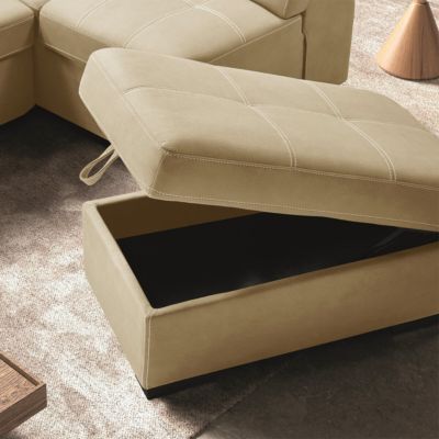 NERA - Canapé d'Angle Droit Convertible avec 2 Poufs et 1 Coffre Beige