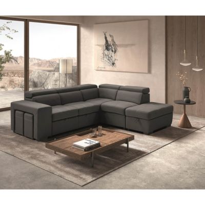 NERA - Canapé d'Angle Droit Convertible avec 2 Poufs et 1 Coffre Gris